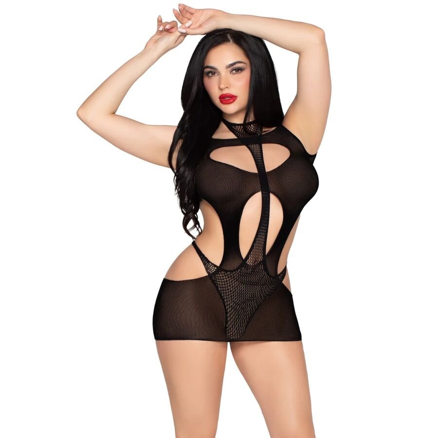LEG AVENUE - 81680 MINI VESTIDO OPACO Y TEDDY HALTER NEGRO - Imagen 2